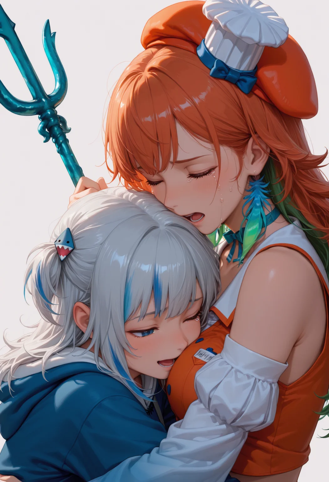 2girls, hug, face between breasts, portrait, simple background,
very awa, masterpiece, best quality, highres, absurdres,
ADDCOMM
holding trident, smile, facing viewer,
<lora:gura_noobeps:0.8>, grey hair, streaked hair, blue eyes, blue hoodie, shark print, shark hair ornament, two side up, wide sleeves, drawstring,
ADDCOL
crying, closed eyes, open mouth,
<lora:ChamTakanashiKiaraNoob:0.8>, K1araDef, multicolored hair, orange hair, green hair, long hair, feather earrings, orange beret, mini chef hat, ribbon choker, orange vest, detached sleeves, white sleeves, midriff
