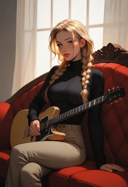 masterpiece, score_9, score_8_up, score_7_up, EasyNegative_v2, (best quality:1.1), ultra-detailed, high resolution, super detailed skin, Highly Visible, 8k, sharp focus, beautiful, perfect lighting, smooth edges, 18 year old girl, cute innocent girl, petite, slender body, large perky round breasts, freckles, full pouty lips, slim legs, braided blonde hair, twin braids, long braids, blue eyes, jewelry, black sweater, textured clothes, beige pants, ((playing guitar, wooden guitar, classic guitar)), (1girl),solo, posing, sitting on couch, red couch, soft indoors lighting, bright daylight
