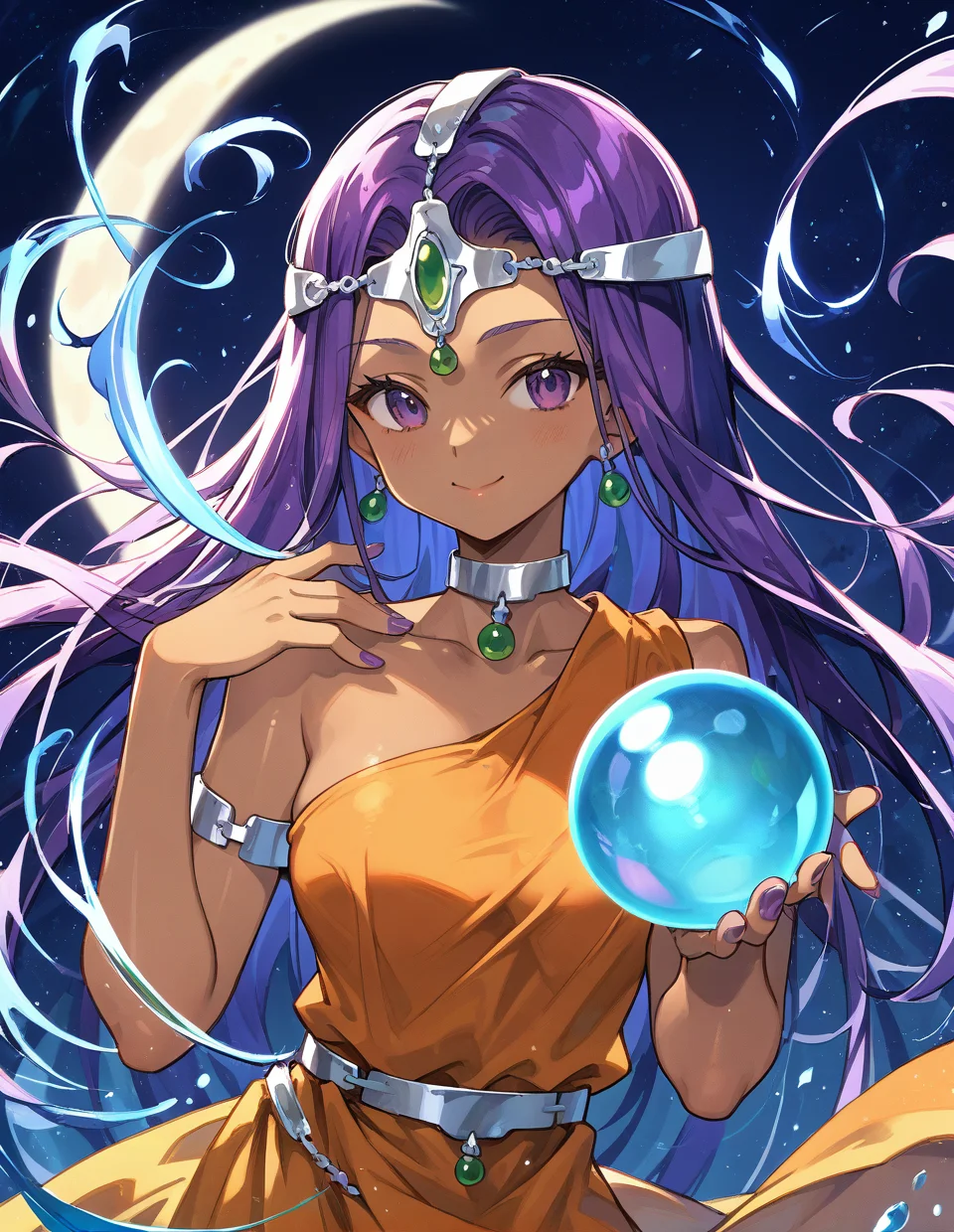 1girl,<lora:Minea and Manya_pony:1>,minea and manya,Minea,purple hair,purple eyes,dark skin,
dress,smile,crystal ball,collarbone,upper body,closed mouth,very long hair,looking at viewer,choker,orange dress,magic,fingernails,purple nails,sleeveless dress,moon,hand up,bangs,blush,orb,purple background,parted bangs,off shoulder,forehead,shiny,strapless,, score_9,score_8_up,score_7_up,score_6_up,score_5_up,score_4_up,