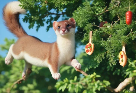 score_9, score_8_up, score_7_up, score_6_up, score_5_up, score_4_up, fur, animal weasel, g5, rich colors, front view, detailed background, detailed, 8k quality, side view, beautiful, teasing, freely actions, small, sausage tree, flying pizza like a Ringtail, pizza,