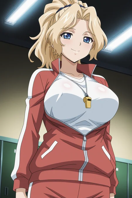 anime screencap, anime coloring, detailed face, masterpiece, best quality, very aesthetic, absurdres, volumetric lighting, official style, amazing quality, ultra detailed,  highres, amazing quality, scenery, beautiful detailed hair, beautiful detailed eyes,
<lora:Rin_x_Sen_+_Ran-Sem:1>
in a gym,
Asuka red tracksuit (outfit), Asuka Okita (character), 1girl, blonde hair, track jacket, blue eyes, ponytail, red track suit, jacket, white shirt, whistle around neck, jewelry, large breasts, cowboy shot, smile, looking at the viewer,