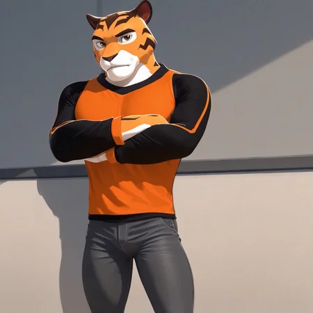 Tag, tiger boy, furry male, tiger ears, brown eyes, multicolored fur, white patches around eyes, white area on lower face that extends down neck, white palms, orange fur, brown stripes, thick eyebrows, blunt brown nose, tall, muscular, grey jeans, orange shirt, black sleeves, orange stripes that run down from shoulders, orange cuffs, black shoes with orange soles, arms crossed, masterpiece, best quality, amazing quality, male, looking at viewer, broad shoulders,
