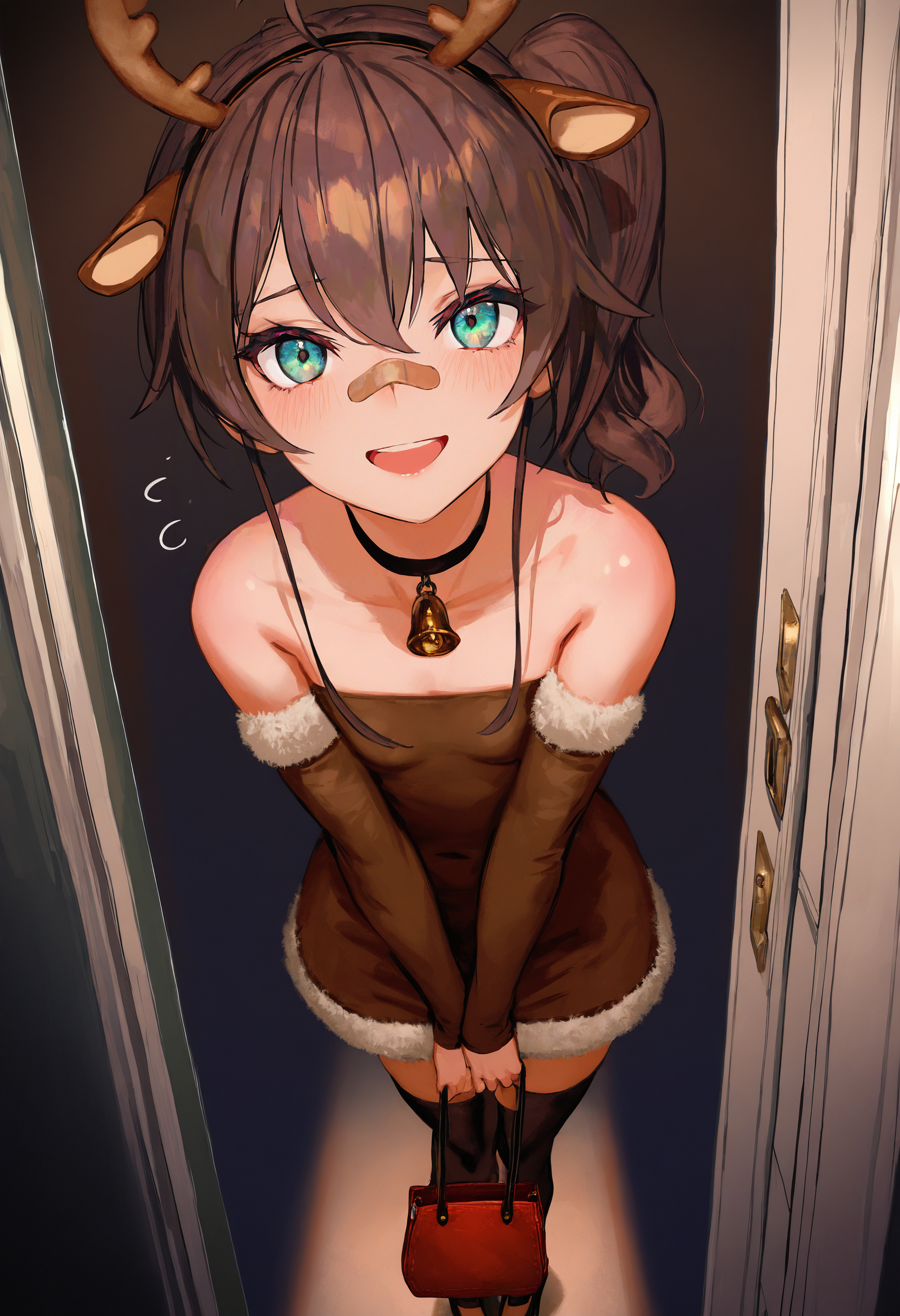 by [lack|fuzichoco|lam|kinta \(distortion\)|wlop|quasarcake|nixeu|happoubi jin|miyajima reiji],
natsuiro matsuri, 1girl, deer ears, brown hair, solo, looking at viewer, blush, open mouth, neck bell, long hair, brown eyes, thighhighs, fake animal ears, holding bag, horns, christmas, reindeer antlers, fake antlers, flying sweatdrops, brown dress, standing, pov doorway, bare shoulders, detached sleeves, hairband, collarbone, high heels, black choker, :d, fur-trimmed sleeves, reindeer costume, fur-trimmed dress, short dress, open door, bandaid on nose, 
impasto, vignetting, chiaroscuro, masterpiece, best quality, very aesthetic, absurdres
 <lora:illustrious_noobai_epsilon_pred_11_christmas_collection_v1:1>