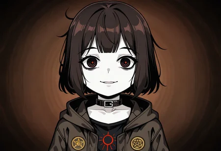 lazypos, character focused, anime girl, short hair, messy bangs, haunted expression, wide eyes, pale skin, dark circles, blood stains, eerie smile, oversized jacket, neck collar, unsettling gaze, horror theme, grunge shading, muted colors, broken psyche, psychological horror, minimal background, distressed texture, creepy aesthetic, SurioStyle