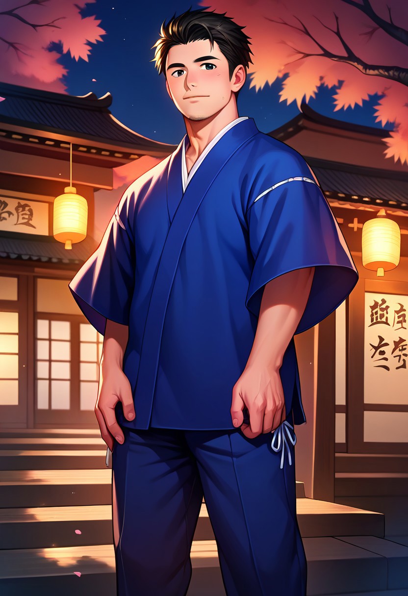 score_9, score_8_up, score_7_up, score_6_up, (complete dark blue jinbei, hannekenjinbei, japanese clothing:1.4), outdoor, night, summer festival, summer night, nighttime, shinto shrine, sakura tree, feet out of frame, perfect anatomy, perfect proportions, best quality, masterpiece, high_resolution, high quality, aesthetic, absurdres, male focus, solo male, asian man, very short hair,  high fade, (complete black hair:1.3), black eyes, facial hair, stubble, yarn knitting on sleeves, wide sleeves, short sleeves, (side-knot closure clothing:1.3), (dark blue half pants), adult, mature, masculine, manly, handsome, charming, alluring, standing, upper body, dutch angle, cowboy shot,