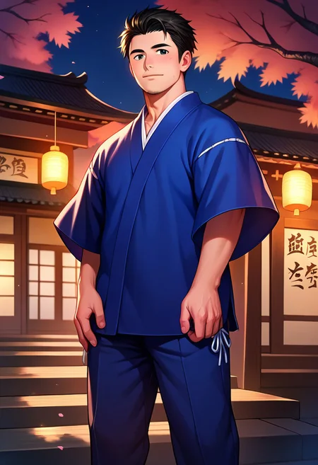 score_9, score_8_up, score_7_up, score_6_up, (complete dark blue jinbei, hannekenjinbei, japanese clothing:1.4), outdoor, night, summer festival, summer night, nighttime, shinto shrine, sakura tree, feet out of frame, perfect anatomy, perfect proportions, best quality, masterpiece, high_resolution, high quality, aesthetic, absurdres, male focus, solo male, asian man, very short hair, high fade, (complete black hair:1.3), black eyes, facial hair, stubble, yarn knitting on sleeves, wide sleeves, short sleeves, (side-knot closure clothing:1.3), (dark blue half pants), adult, mature, masculine, manly, handsome, charming, alluring, standing, upper body, dutch angle, cowboy shot,