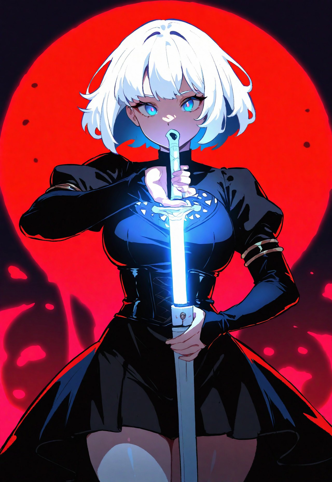 masterpiece, best quality, newest, absurdres, highres, 1girl, solo, black hoodle, white hair, short hair layer-cut, glowing cyan sword, unsheathing left to right, cowboy shot, red splash color background ,combines anime and gothic influences, supernature energy,