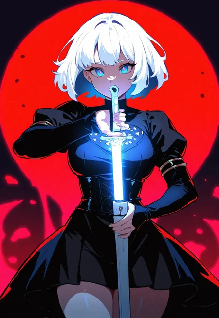 masterpiece, best quality, newest, absurdres, highres, 1girl, solo, black hoodle, white hair, short hair layer-cut, glowing cyan sword, unsheathing left to right, cowboy shot, red splash color background ,combines anime and gothic influences, supernature energy,