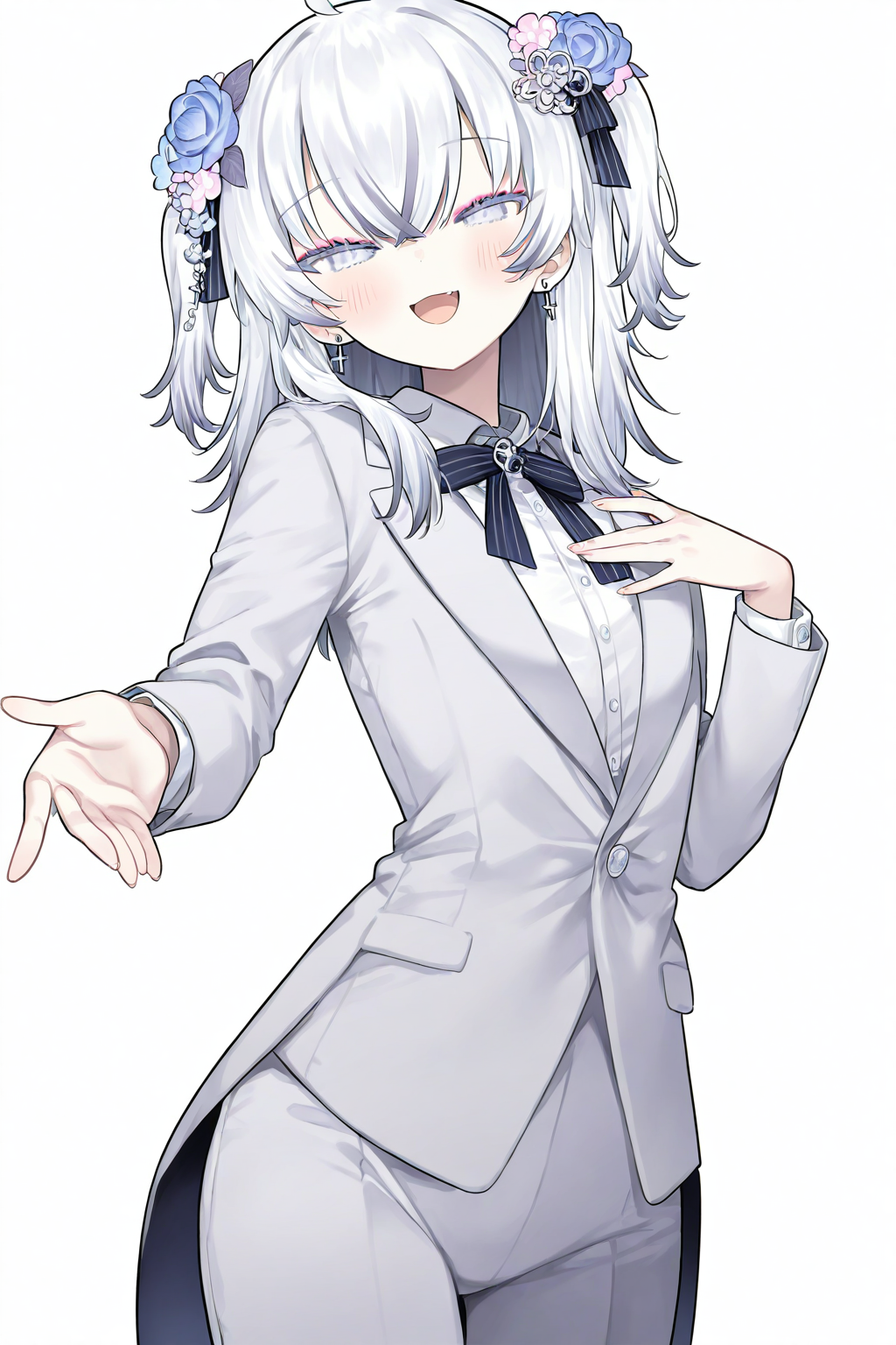 Azuma Seren,1girl,solo,simple background,white background,(four fingers:0.8),looking at viewer,smile,open mouth,blush,hand on own chest,:d,half-closed eyes,long sleeves,hand up,<lora:seren-000011>,alternate costume,suit,tuxedo,, masterpiece, best quality, very aesthetic, absurdres,newest, incredibly absurdres,