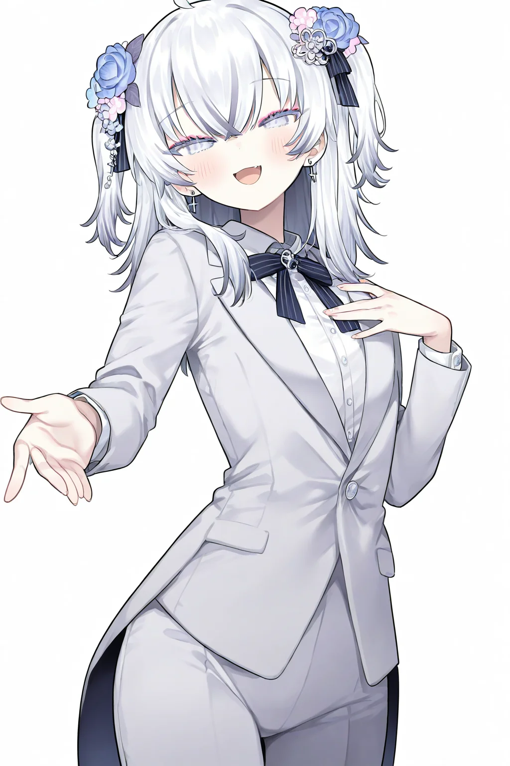 Azuma Seren,1girl,solo,simple background,white background,(four fingers:0.8),looking at viewer,smile,open mouth,blush,hand on own chest,:d,half-closed eyes,long sleeves,hand up,<lora:seren-000011>,alternate costume,suit,tuxedo,, masterpiece, best quality, very aesthetic, absurdres,newest, incredibly absurdres,