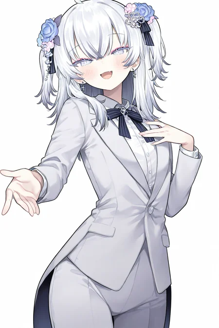 Azuma Seren,1girl,solo,simple background,white background,(four fingers:0.8),looking at viewer,smile,open mouth,blush,hand on own chest,:d,half-closed eyes,long sleeves,hand up,<lora:seren-000011>,alternate costume,suit,tuxedo,, masterpiece, best quality, very aesthetic, absurdres,newest, incredibly absurdres,
