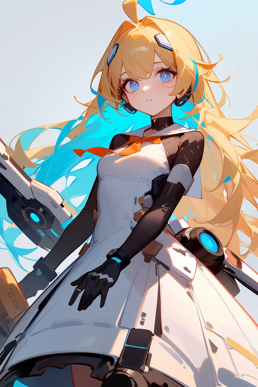 <lora:llmy>,1girl,blonde hair,streaked hair,blue hair,blue eyes,dress,ahoge,(mecha_musume:0.6),ask \(askzy\),ciloranko,, masterpiece, best quality, very aesthetic, absurdres