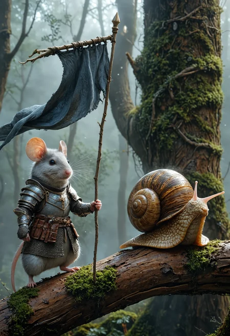 An anthropomorphic mouse in medieval armor stands heroically beside a stoic big snail and perched on a branch, snail has a big shell, behind them is an ethereal forest with soft beams of light piercing through the blue-grey mist, the mouse's holding a flowing black banner-staff, serene and fantastical scene, <lora:MJ52:0.4>, <lora:EpicF4nta5yXL:0.7>