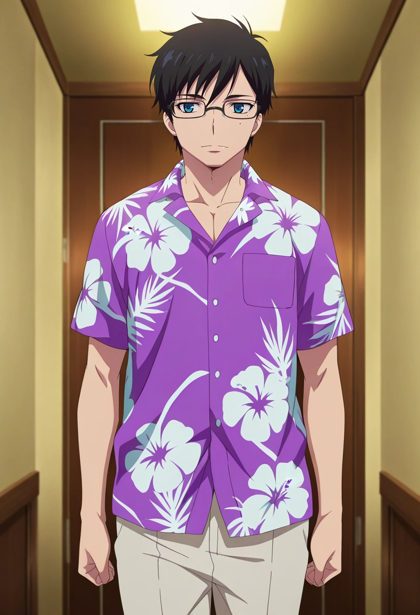 masterpiece, best quality, intricate details, anime screencap, , official style, , 1boy, solo, male focus, <lora:yukio_okumura_ilxl:0.92>, yukio_okumura, black hair, blue eyes, mole, mole under eye, glasses, black-framed eyewear, , Light purple Dress pants, Jersey Hawaiian shirt, , ,