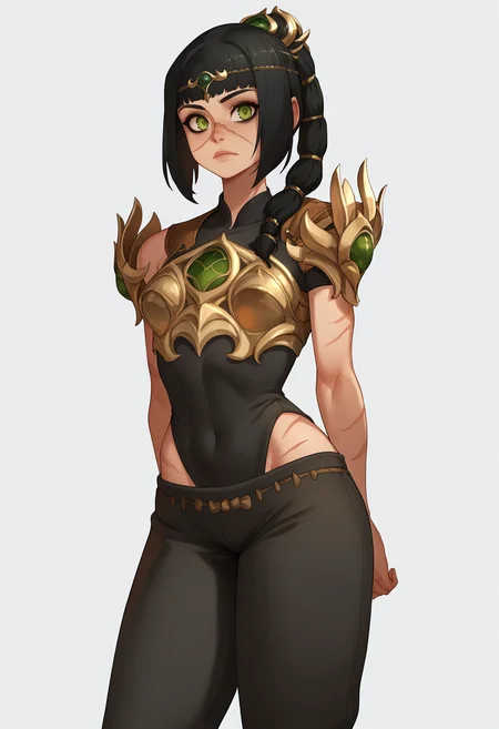 score_9, score_8_up, score_7_up, BREAK,
1girl, solo, shadowheart, black hair, braided ponytail, green eyes, scar on face, circlet,
looking at viewer, armor, pants, arms behind back, standing, looking at viewer, white background <lora:ShadowHeartXL:0.8> <lora:XaxaxaXLLocon_byKonan:1>