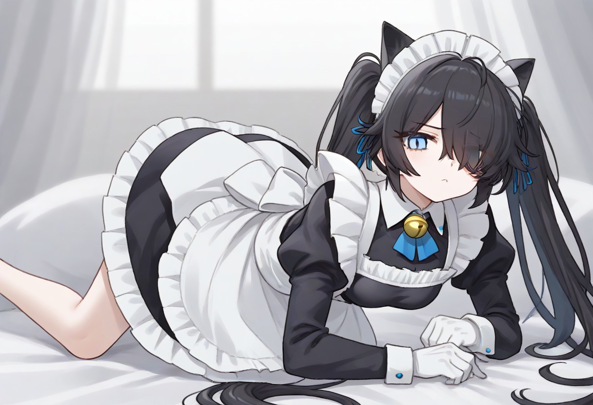 (Maid-kasli), solo, white gloves, dress, hair over one eye, maid apron, blue eyes, twintails, cat ears, maid headdress, maid, gloves, 1girl, apron, juliet sleeves, long sleeves, long hair, black hair, animal ears, bell,(Fall down),
