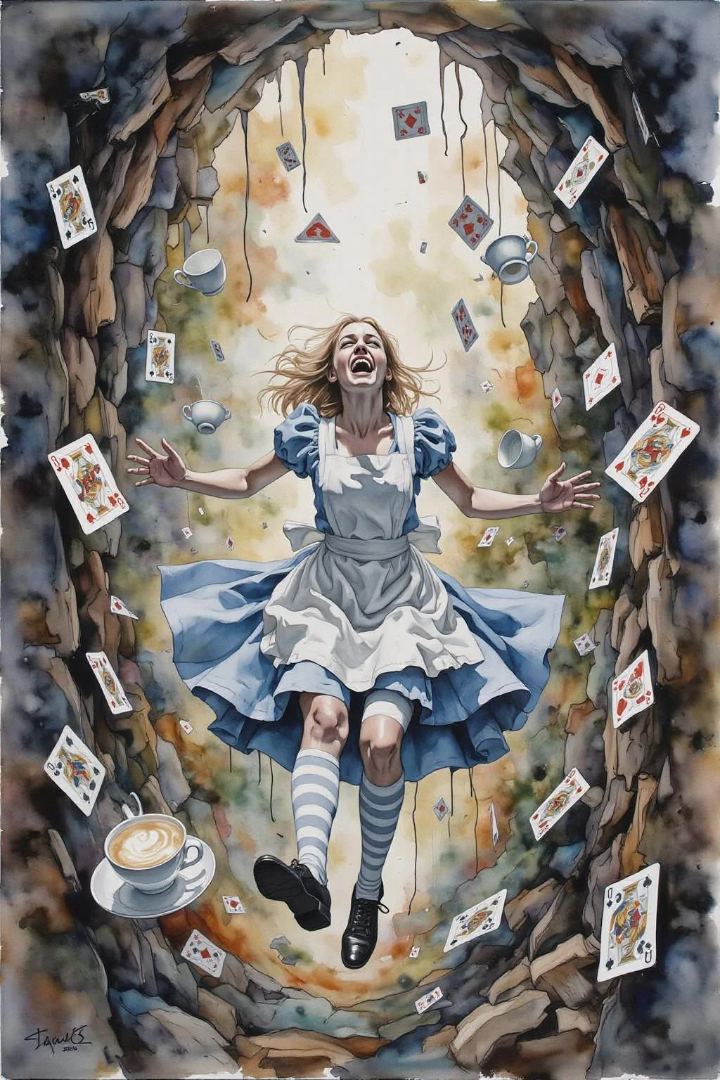 yawc1 watercolor. Overhead view of Alice in Wonderland falling into the rabbit hole, with her legs dangling beneath her. She is looking upward, her face filled with shock and terror as she screams. Her blue dress and white apron billow out around her as she tumbles, while her striped stockings and black shoes are visible below. The rabbit hole is a swirling, chaotic mix of vibrant colors, playing cards, teacups, and other Wonderland objects floating around her. Soft glowing light emanates from the tunnel walls, adding an eerie, fantastical feel to the scene. The sense of motion and fear is palpable as Alice falls deeper into the unknown. <lora:yawcolor_nocap1_d4a2:1.0> <lora:Flux-Sch-SingleBlocks-BF16:1.0><lora:799519604226546782:0>
