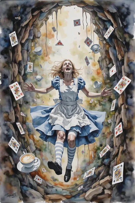 yawc1 watercolor. Overhead view of Alice in Wonderland falling into the rabbit hole, with her legs dangling beneath her. She is looking upward, her face filled with shock and terror as she screams. Her blue dress and white apron billow out around her as she tumbles, while her striped stockings and black shoes are visible below. The rabbit hole is a swirling, chaotic mix of vibrant colors, playing cards, teacups, and other Wonderland objects floating around her. Soft glowing light emanates from the tunnel walls, adding an eerie, fantastical feel to the scene. The sense of motion and fear is palpable as Alice falls deeper into the unknown. <lora:yawcolor_nocap1_d4a2:1.0> <lora:Flux-Sch-SingleBlocks-BF16:1.0><lora:799519604226546782:0>