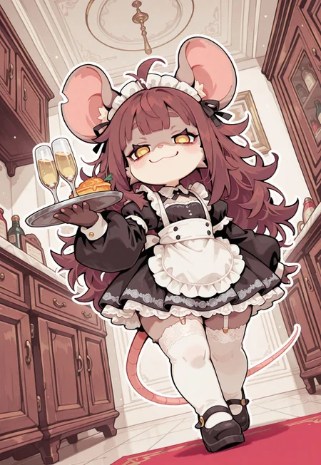 perfect eyes, S4bit4mago_illu, anime style, s0wasow4rt_illu, masterpiece, best quality, high quality, newest, highres, (chibi rat), score_9, score_8_up, score_7_up, Nameless_Style, chibi rat, rat girl, _Style, chibi, furry:1.2, Cartoon_Type, (solo), curvy, fluffy1.3, shortstack rat girl, (long hair), messy hair , bangs at an angle, (messy hair), flat chest, lace styled dress, maid outfit, cupboard, short dress, panoramic view of cupboard, stubby shoes, mary janes, thick white outline, curvy, white lace, face focus, fabric, intricate lace, intricate details:1.2, long dress, thigh high stocking, (oversized sleeves), sleeves over hands, very long sleeves, yellow eyes, lidded eyes, ditzy, happy, smile, holding tray of champagne, goofy smile, black lace, intricate details:1.2, long dress, brown fur, dynamic angle, hand on dress hem,, countershade fur, stylish, pose, extremely detailed, high quality, cute background,
