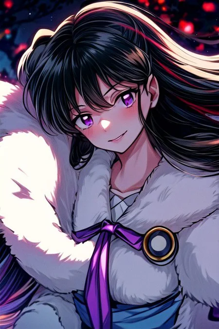 masterpiece,  best quality 1girl Setsun4 solo long hair,  (night time) forest background black hair very long hair purple eyes multicolored hair armor (fur trim) (medium body),<lora:EMS-179-EMS:0.800000>,<lora:EMS-293862-EMS:0.800000> bow, hair_bow, hair_tubes, red_bow, brown_hair, long_hair, bangs, ascot, frilled_bow, yellow_ascot, blush, smile, hair_between_eyes, athletic