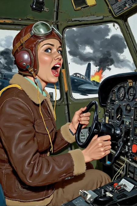kard1 illustration
A female pilot screaming inside the cockpit of a World War II bomber. The pilot, wearing a vintage leather flight helmet with goggles and a bomber jacket, grips the controls with white-knuckled hands. Her face is contorted in a mix of fear and determination as she yells, her eyes wide with adrenaline. The cockpit is cramped and filled with old-fashioned dials and gauges, with the outside view showing dark stormy clouds and distant anti-aircraft fire
<lora:kard1_cap_d6a3:1.0><lora:816537862381027072:0>