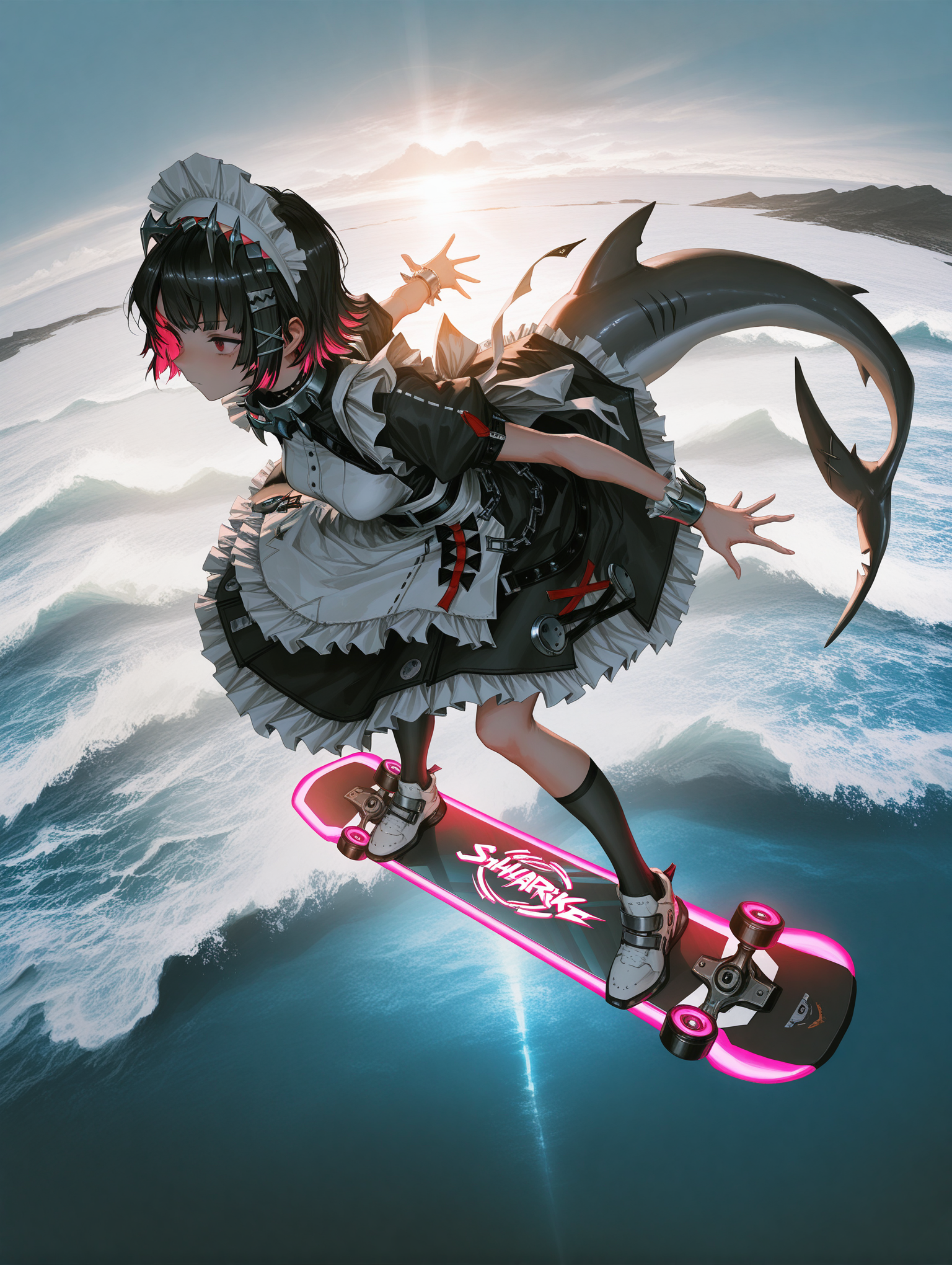 realistic, lm7 \(op-center\), sabu \(sabudenego\), dino \(dinoartforame\), fisheye, perspective, from above, from side, aerial view, solo, ocean, seascape, waves, reflection, sunlight, day, sunrays, light, bent knees, leaning forward, in motion, clouds, haze, (midair:1.2(), futuristic, solo, 1girl, ellen joe, shark tail, maid, neon glowing, neon lights, standing skateboarding on futuristic hoverboard :1.2), flying, looking afar, serious, outstretched arm, outstretched hand, beautiful, intricate, detailed background,                                                                                                                                                                                                                                                                                                                                                                                                                                                    
,masterpiece,best quality,amazing quality,