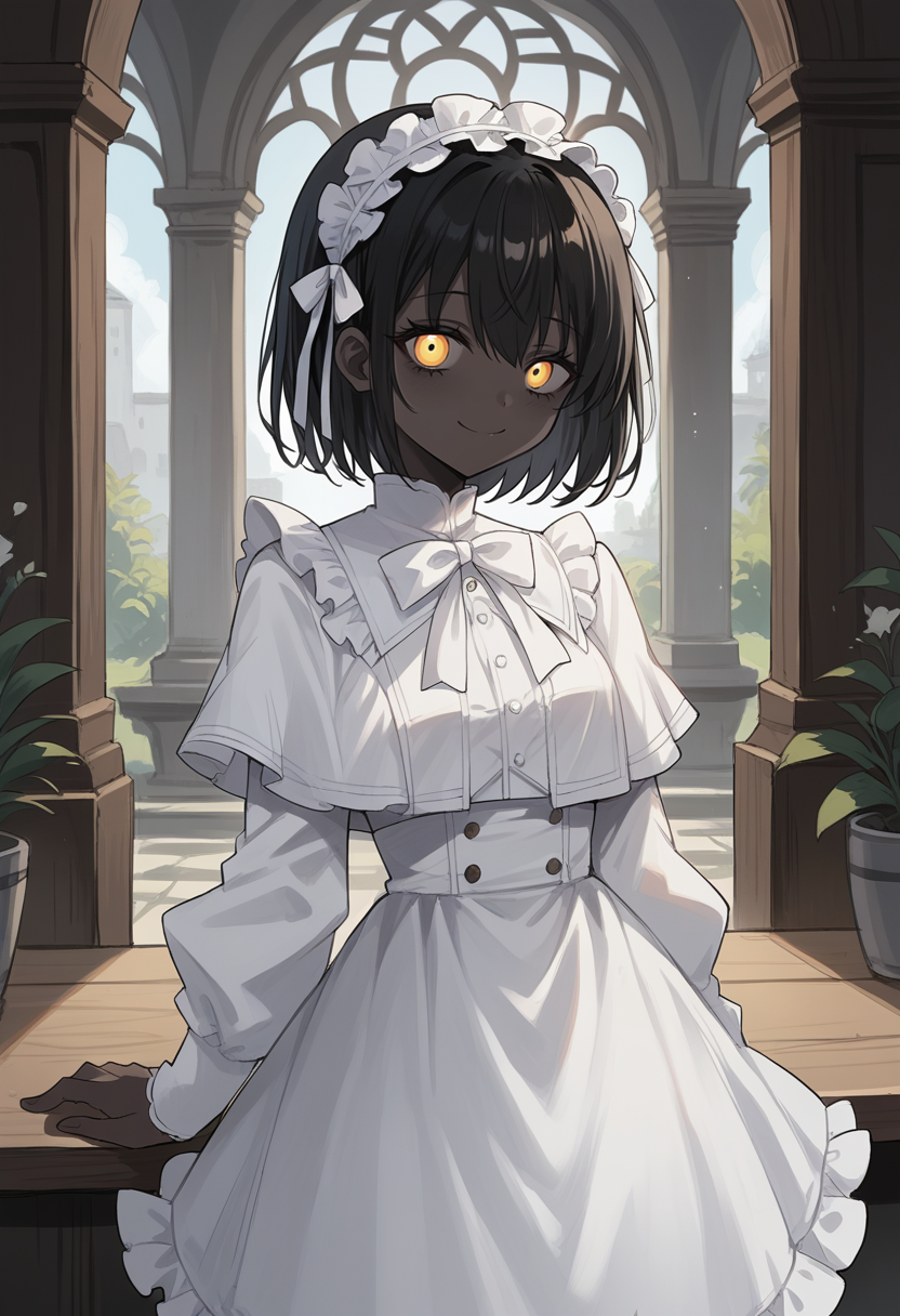 masterpiece, best quality, uncensored, source_anime, score_9, score_8_up, score_7_up, score_6_up, score_5_up, score_4_up, 1girl, solo, theprincess, dark-skinned female, very dark skin, black hair, short hair, yellow eyes, maid headdress, frilled hairband, white dress, long sleeves, capelet, white bow, smile, full body <lora:ThePrincess:0.8>