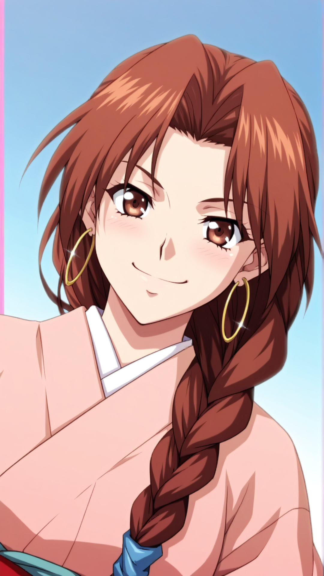 source_anime, general, best quality, masterpiece, 1girl,  <lora:Rebecca_Turner_ill_v1.0:1> rebecca_turner\(srw\),brown eyes, brown hair, braid,single braid,jewelry,long hair, hoop earrings, hair over shoulder, Japanese Kimono, happy, (smug:0.8),  dynamic pose, dutch angle,