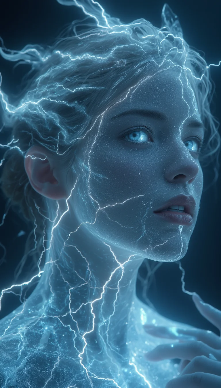 bailing_lightning, 1girl, composed of elements of thunder,thunder,electricity,Capture the ethereal beauty of a young galaxy girl composed of ice and water, her translucent face and body glowing with intricate details. Her hair entwined with thunder and electricity, she gazes towards the cradle of creation with an awe-inspiring expression of higher awareness. The scene is bathed in dramatic lighting, emphasizing the mesmerizing elements. Inspired by the works of (Annie Leibovitz:1.4) and (Diego Velázquez:1.3