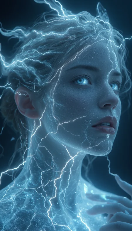 bailing_lightning, 1girl, composed of elements of thunder,thunder,electricity,Capture the ethereal beauty of a young galaxy girl composed of ice and water, her translucent face and body glowing with intricate details. Her hair entwined with thunder and electricity, she gazes towards the cradle of creation with an awe-inspiring expression of higher awareness. The scene is bathed in dramatic lighting, emphasizing the mesmerizing elements. Inspired by the works of (Annie Leibovitz:1.4) and (Diego Velázquez:1.3