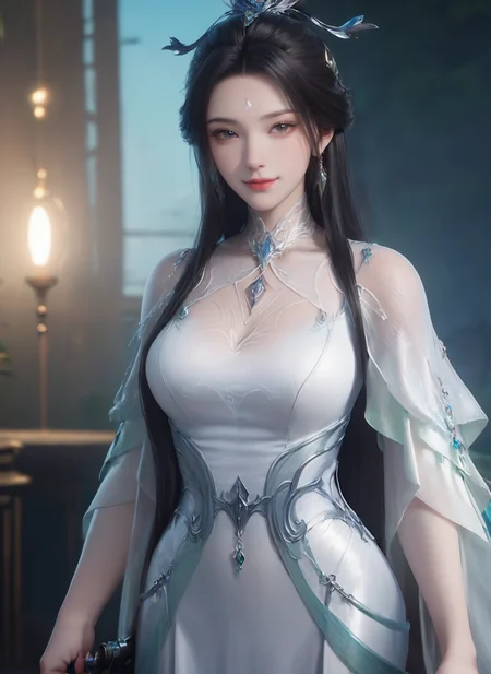 (cowboy_shot:1.4),ultra realistic 8k cg,picture-perfect face,flawless,clean,masterpiece,professional artwork,famous artwork,cinematic lighting,cinematic bloom,perfect face,beautiful face,beautiful eyes,fantasy,dreamlike,unreal,science fiction,absurdly long hair,very long hair,(rich:1.4),detail,delicate pattern,charming,alluring,seductive,erotic,enchanting,hair ornament,looking at viewer,sexy,charming,alluring,seductive,
<lora:luxueqi_V1-000008:1>,1girl,black hair,white dress,dress,earrings,facial mark,forehead mark,green dress,hair bun,hair ornament,jewelry,long hair,single hair bun,solo,weapon,smile,