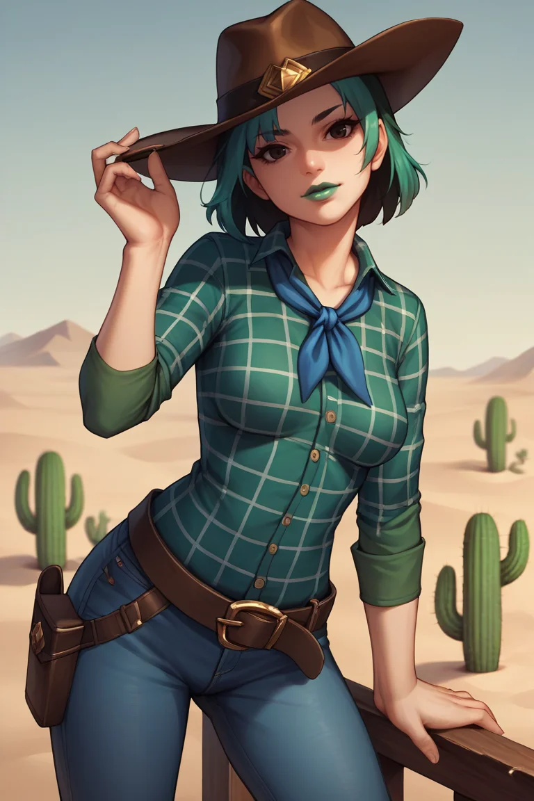score_9, score_8_up, score_7_up, score_6_up, score_5_up, score_4_up, BREAK source_anime, 1girl, solo, looking at viewer, breasts, <lora:gwentd-guy-ponyv1:.85>, gwentd, multicolored hair, two-tone hair, makeup, green lips, cowboy hat, (plaid shirt:1.2), shirt tucked in, belt, pants, cactus, sand, neckerchief, bandana, belt buckle, holster, jeans