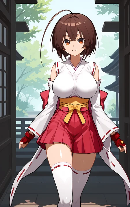 (score_9, score_8_up, score_7_up), looking at viewer, smile, closed mouth, shiny skin,
ohwx, 1girl, solo, brown_hair, brown_eyes, long_hair, ahoge, breasts, short_hair, large_breasts, ahoge, huge_ahoge,
fingerless_gloves, bare_shoulders, bow, gloves, hakama, hakama_short_skirt, hakama_skirt, impossible_clothes, impossible_shirt, jacket, japanese_clothes, kimono, long_sleeves, miko, red_gloves, red_ribbon, ribbon, ribbon_trim, sash, shirt, skirt, thighhighs, white_thighhighs, wide_sleeves, zettai_ryouiki,
fall, Walking with a swagger,
<lora:musubi_pony_ss-000001:1>