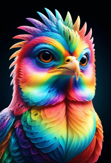 a cute chibby Chicken with big rainbow eyes made out of rainbow fractangles, it wears a cool rainbow bandana, very detailed, 4k, sharp