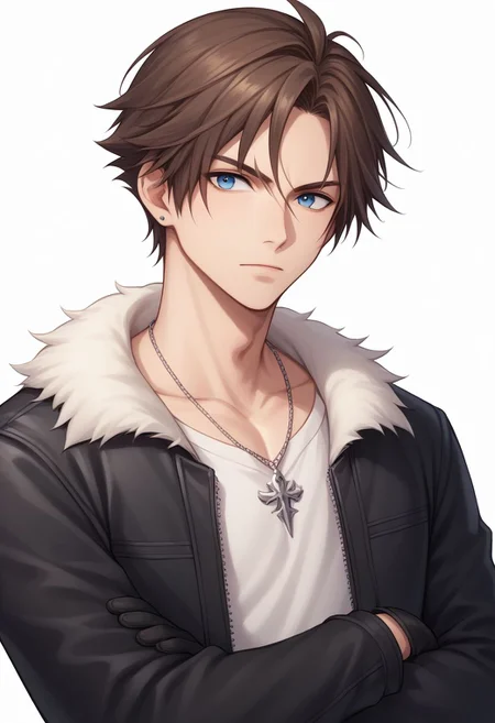 score_9, score_8_up, score_7_up, source_anime, highly detailed, 1boy, solo, skinny,
squall, 1boy, jewelry, male focus, necklace, solo, brown hair, short hair, gloves, white shirt, blue eyes, shirt, black gloves, jacket, upper body, crossed arms, white background, black jacket, trim jacket, scar, scar on face, parted bangs,
outdoor,
