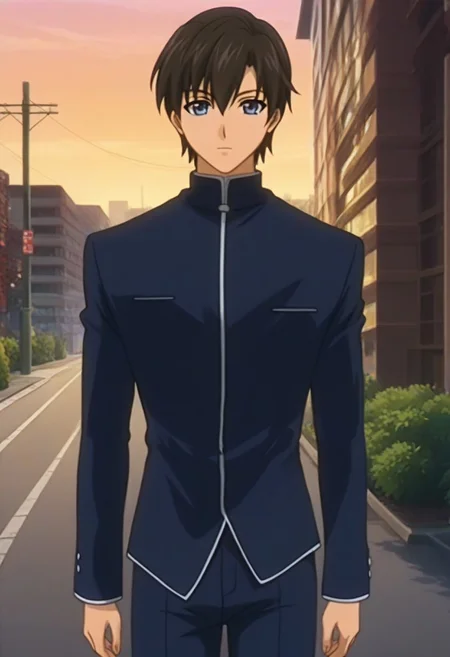 ((masterpiece)), ((best quality)), ((ultra-detailed)), ((absurdres)), score_9_up, score_8_up, score_7_up,
HD, top quality, best quality, amazing quality, High-quality illustrations, anime screencap, source_anime, best aesthetic, perfect proportions, perfect eyes, 1boy, 1male, solo boy, solo male, male focus, solo male focus, Anime, boy, male anime character, anime boy, handsome, cute, charming, sexy, Takumi Onodera, black-brown hair, long bangs, dark blue eyes, ((short height)), ((dark blue top, long sleeves, dark blue pants)), ((cowboy shot, head to hips shot)), ((outside, road, sunset)), easynegative, updn, Expressiveh, masterpiece, best quality, very aesthetic, absurdres