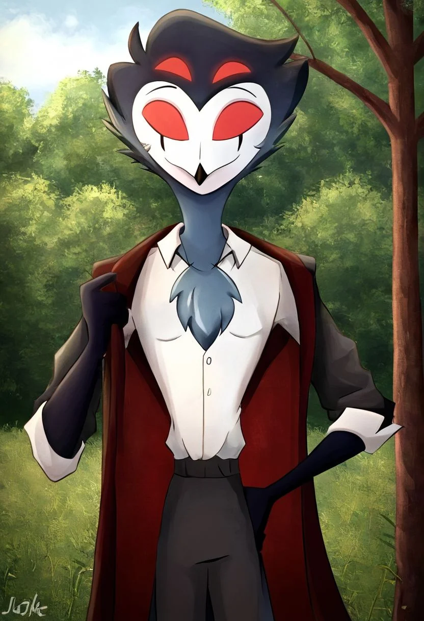 Stolas[Helluva], FuzzyBuns[Helluva],BlueBlood[Helluva], blue body, feathers, bird, anthro, anthro bird, white face, red sclera, black hands, messy hair, large messy hair, dark blue messy hair, 4eyes, two sets of eyes, tail, bird tail, black and blue legs, (male anthro bird:1.3).  Solo, alone, by himself, 1boy, male.  clothing, clothed, dressed, white shirt, shirt, white shirt, mid waisted slacks, grey mid waisted slacks, mid waisted dress pants, grey mid waisted dress pants, black coat, long black coat, 1920s coat, 1920s black coat.  thin, skinny body, skinny, thin body, twink, twink body, skinny body, skinny, (muscle:1.47), (twink body:1.7), (blue body:1.1).  
headshot, close to face, bustshot photo, bustshot.
outside, park, forest, woods, trees.
Realistic, Furry, Animalistic features, Anthro, Detailed, Shaded,
HD, digital painting, digital art, masterpiece.  standing, standing up.  
closed mouth, happy emotion.  
HD, digital painting, digital art, masterpiece ((bustshot portrait)), digital drawing (artwork), digital media (artwork), hi res, (furry art, uploaded on e621:1.1), best quality, highly detailed, intricate details, extremely detailed, perfect hands, negative_hand. JJ[Style], JumpingJackal[Style], Jumping Jackal[Style].
