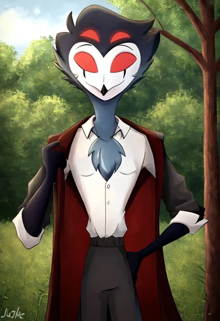 Stolas[Helluva], FuzzyBuns[Helluva],BlueBlood[Helluva], blue body, feathers, bird, anthro, anthro bird, white face, red sclera, black hands, messy hair, large messy hair, dark blue messy hair, 4eyes, two sets of eyes, tail, bird tail, black and blue legs, (male anthro bird:1.3).  Solo, alone, by himself, 1boy, male.  clothing, clothed, dressed, white shirt, shirt, white shirt, mid waisted slacks, grey mid waisted slacks, mid waisted dress pants, grey mid waisted dress pants, black coat, long black coat, 1920s coat, 1920s black coat.  thin, skinny body, skinny, thin body, twink, twink body, skinny body, skinny, (muscle:1.47), (twink body:1.7), (blue body:1.1).  
headshot, close to face, bustshot photo, bustshot.
outside, park, forest, woods, trees.
Realistic, Furry, Animalistic features, Anthro, Detailed, Shaded,
HD, digital painting, digital art, masterpiece.  standing, standing up.  
closed mouth, happy emotion.  
HD, digital painting, digital art, masterpiece ((bustshot portrait)), digital drawing (artwork), digital media (artwork), hi res, (furry art, uploaded on e621:1.1), best quality, highly detailed, intricate details, extremely detailed, perfect hands, negative_hand. JJ[Style], JumpingJackal[Style], Jumping Jackal[Style].