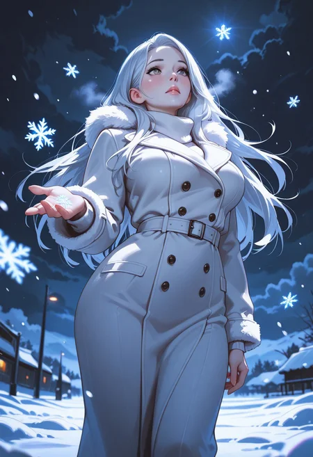 masterpiece, best quality, amazing quality, very aesthetic, (flat colors:1), (Artist:ilya kuvshinov:1), (realistic:1.4), 1MILF, 35yo, curvy waist, large breasts, pale skin, long black hair, wearing a white fur coat, standing in snow, looking up at sky, expression of wonder, snowflakes on skin, cold breath visible, dark clouds, streetlights glowing, faint scent of winter. BREAK snow falling, hair slightly covered in snow, coat slightly open, motion_lines:1.5, motion_blur:1.5. BREAK atmospheric, emotional, raw sensuality, dynamic light, cold_light, soft focus, depth of field, cinematic composition