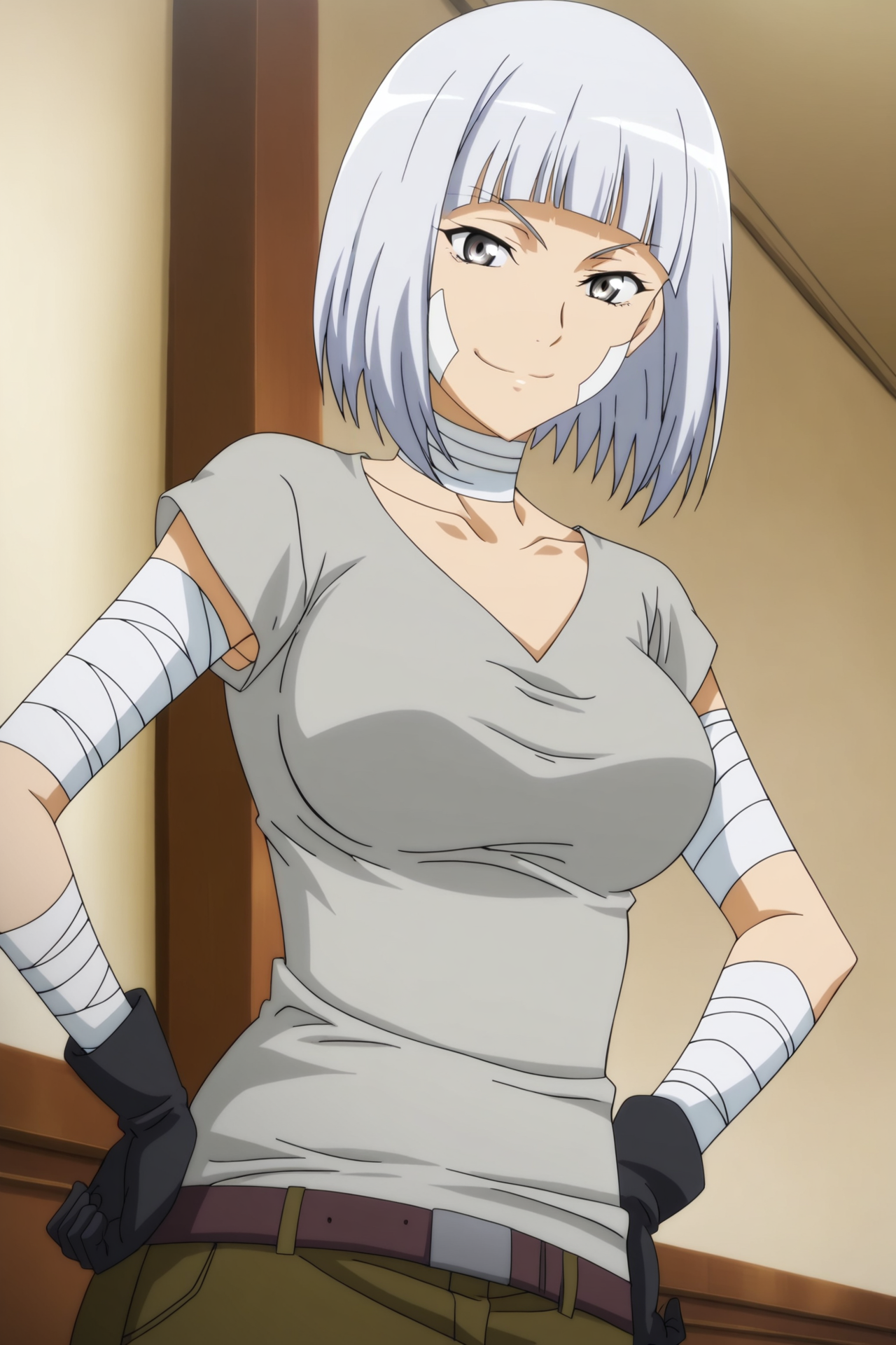 anime screencap,anime coloring,detailed face,masterpiece,best quality,very aesthetic,absurdres,official style,amazing quality,ultra detailed,highres,scenery,beautiful detailed hair,official anime artwork,<lora:FengShaYan-IL V1:1>,Feng Sha Yan,1girl,solo,white hair,short hair,grey eyes,bob cut,blunt bangs,large breasts,
FengShaYan Outfit3,grey t-shirt,brown belt,khaki pants,black gloves,bandage on face,bandages,bandaged arm,
looking at viewer,smile,hand on own hip,