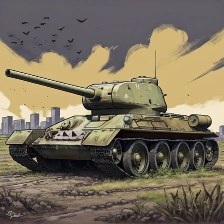 t_34 tank in field, cartoon, dark colors, fallen city on background  <lora:t_34_SDXL:0.8>