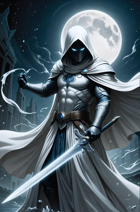 A closeup of fantastical image of a moon knight, clad in flowing, flowing robes, wielding an ornate, ornate blade. Their eyes are filled with power and determination, as they wield the sword in a fluid, dynamic motion. The moon's reflection highlights their magical power