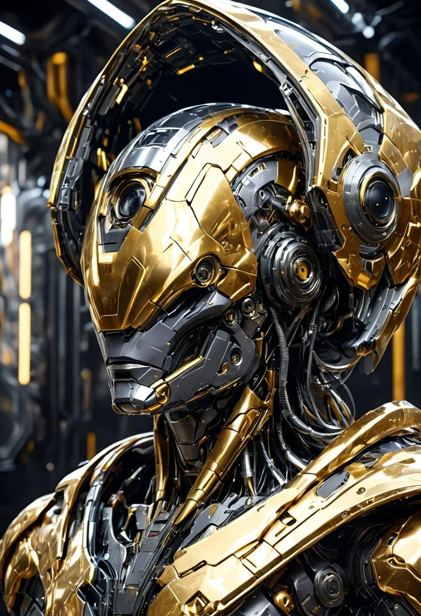 An epic cyber starship metallic of gold and silver shards, Hyperrealistic 8k resolution Incredible details A masterpiece, excybertechsdxl, full body