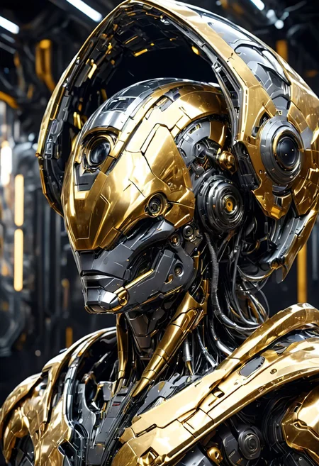An epic cyber starship metallic of gold and silver shards, Hyperrealistic 8k resolution Incredible details A masterpiece, excybertechsdxl, full body