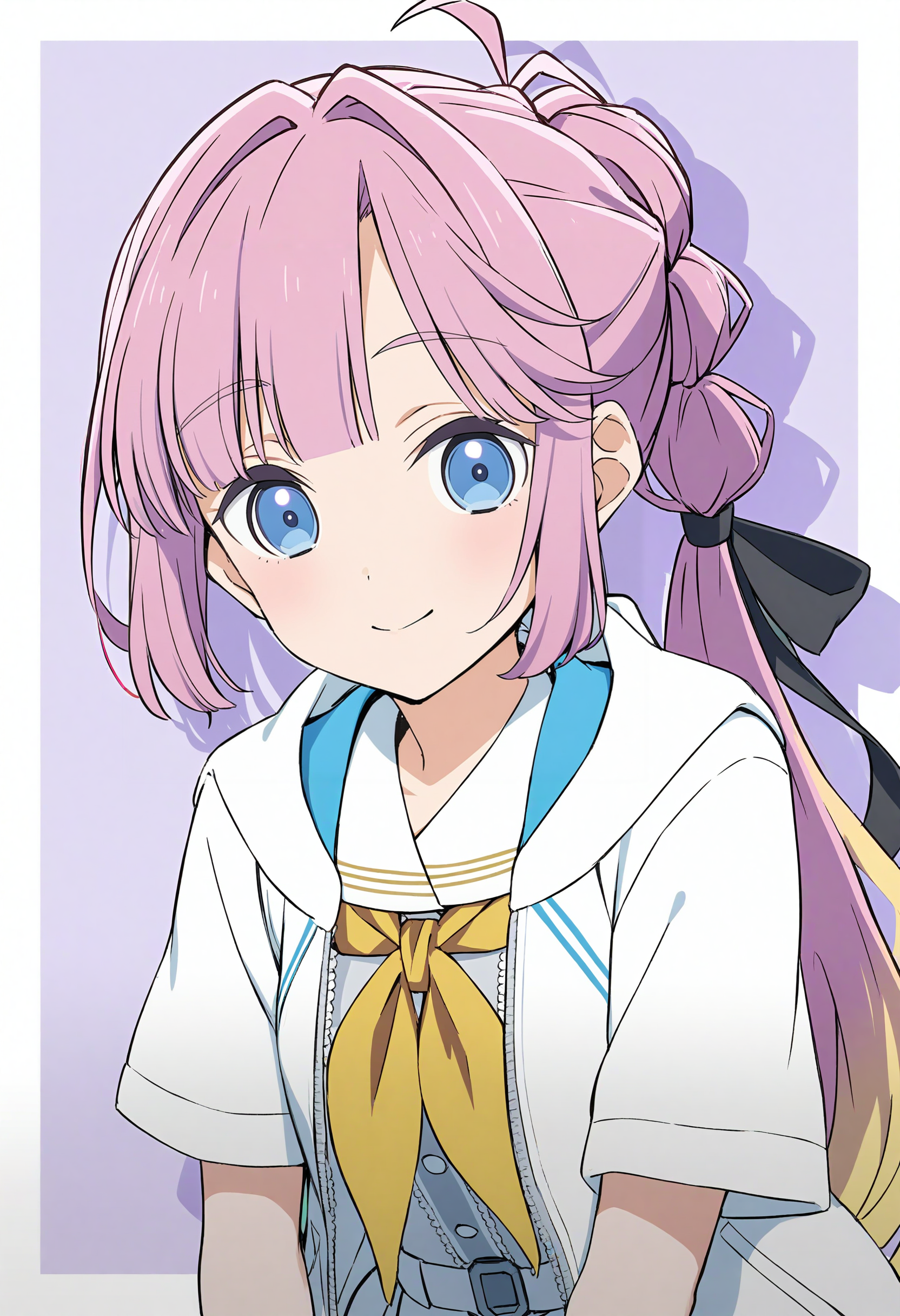 1girl, best quality, masterpiece, anime, anime coloring, simple background, light purple theme, outside border, drop shadow,  smile, looking at viewer, upper body, cute
<lora:A_XL_Anyoji Hime v3_Animagine31:1>  anyoji hime, link! like! love live!, pink hair, blue eyes, long hair, hair ribbon, ponytail, multicolored hair,
summer uniform, hasunosora school uniform, short sleeves, yellow neckerchief, white shirt, white skirt, white jacket, open jacket