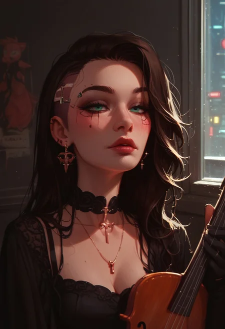 Expressiveh, score_9, score_8_up, score_7_up, score_6_up, score_5_up, score_4_up, godrays, 1girl, A cyberpunk street corner of London with an plague doctor musician sitting on the bench, with long beak mask, playing a mechanical cello with green strings, use dark and gritty colors, in the style of John Singer Sargent.
