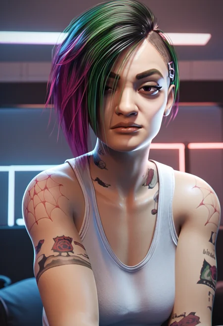 score_9, score_8_up, score_7_up, score_6_up, BREAK <lora:radroachhd-guy-PONYv1:1>, 1girl, solo, judy alvarez, portrait, tank top,