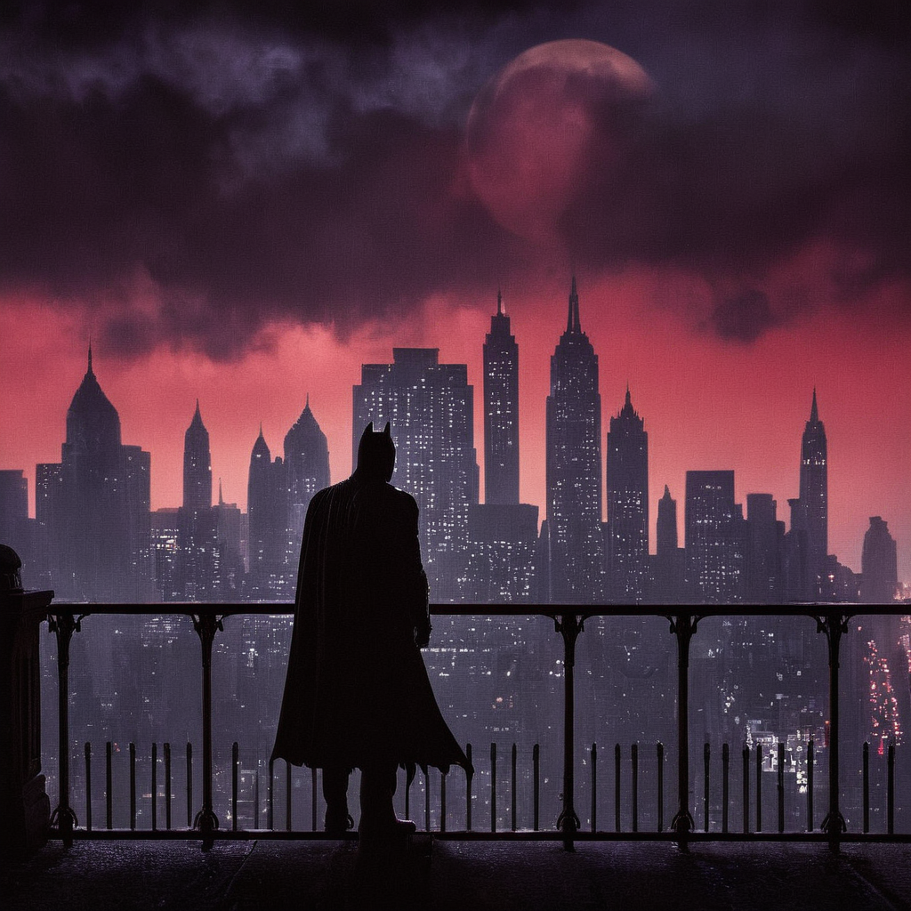 cinematic film still of  <lora:perfection style:0.6>
 <lora:gotham city style v2:0.8>
 <lora:Chiaroscuro Lighting Style:0.6>
In Gotham City a painting of a silhouette city at night with a red sky,outdoors,sky,cloud,no humans,night,moon,building,star (sky),night sky,scenery,full moon,city,railing,cityscape,red sky , detailed, real, different, unique, cinematic, dramatic, concept art, filmic, detailed background, detailed settings, artstation, gothic New York, gotham city style, shallow depth of field, vignette, highly detailed, high budget, bokeh, cinemascope, moody, epic, gorgeous, film grain, grainy