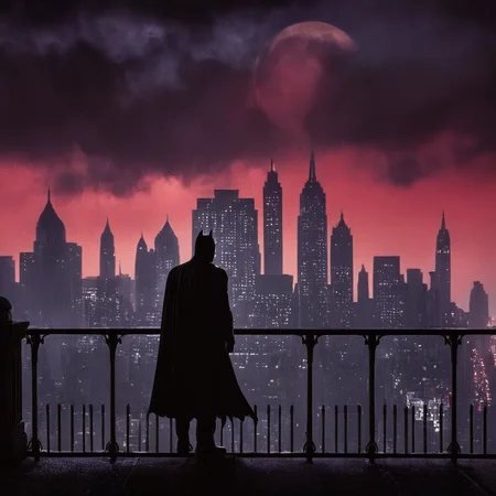 cinematic film still of <lora:perfection style:0.6>
<lora:gotham city style v2:0.8>
<lora:Chiaroscuro Lighting Style:0.6>
In Gotham City a painting of a silhouette city at night with a red sky,outdoors,sky,cloud,no humans,night,moon,building,star (sky),night sky,scenery,full moon,city,railing,cityscape,red sky , detailed, real, different, unique, cinematic, dramatic, concept art, filmic, detailed background, detailed settings, artstation, gothic New York, gotham city style, shallow depth of field, vignette, highly detailed, high budget, bokeh, cinemascope, moody, epic, gorgeous, film grain, grainy