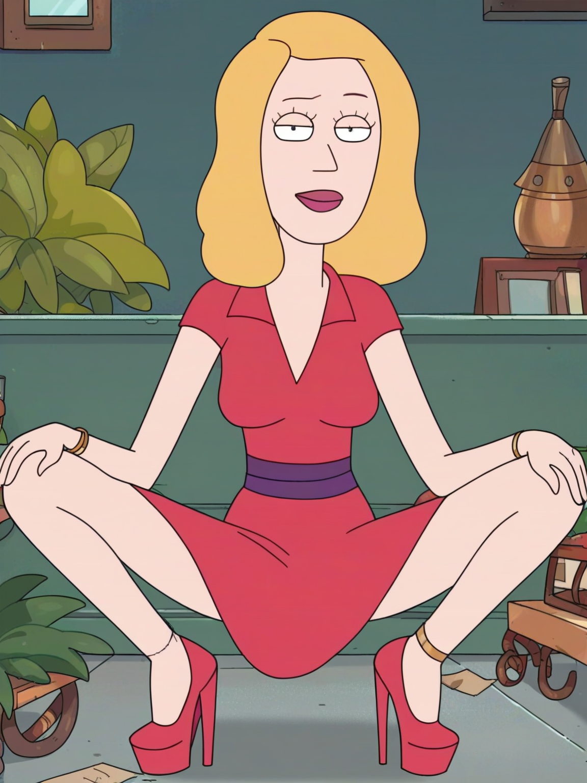 <lora:Beth_SmithV2:1> b_s, 1girl, blonde hair, pupils black dots, red lips, wrinkles under eyes, brown eyes,  looking at viewer, squatting, front view, spreading legs, platform heels, score_9, score_8_up, score_7_up,